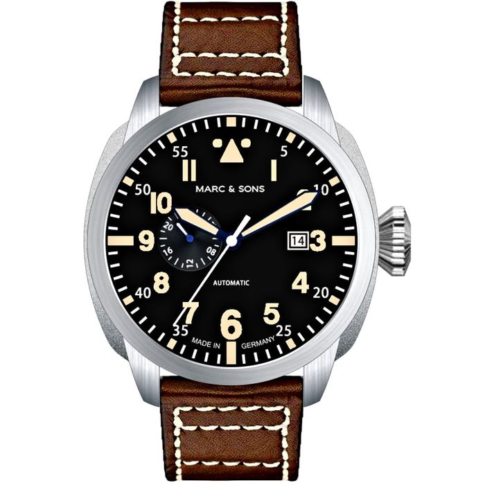 Marc & Sons Classic Vintage Professional Automatic Men's Pilot Watch 46mm 10ATM Black Dial/Brown Band MSF-006-OR-L1 - Click Image to Close